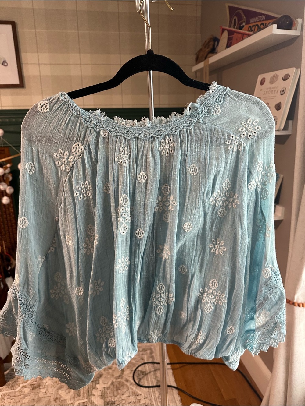Free People Light Blue Embroidered Boho Peasant Blouse - Picture 2 of 3